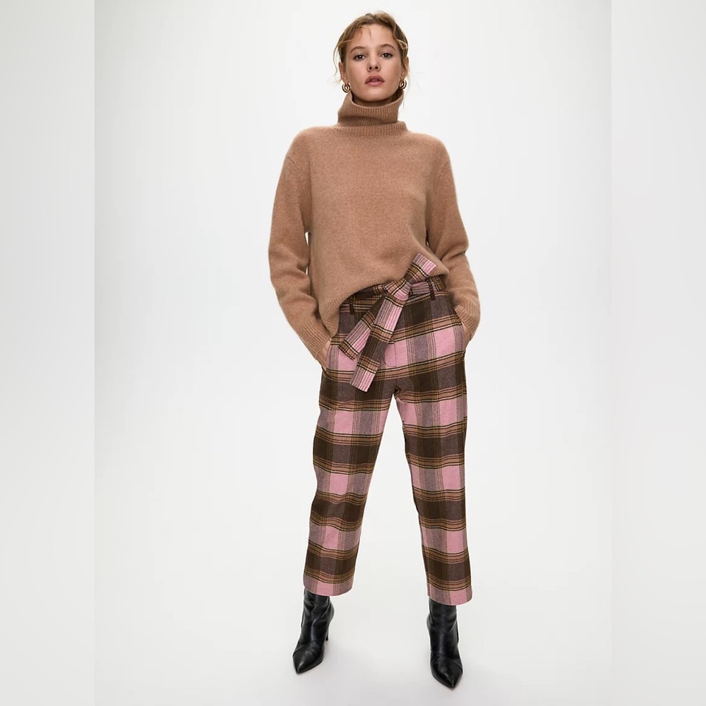Aritzia Wilfred Soft Pink/Brown Plaid New Tie-Front Wool Cashmere Trouser Pant